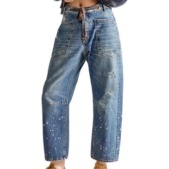 Denim - Women Baggy Denim Jeans Low Rise Drawstring Wide Leg Casual Vintage Pants